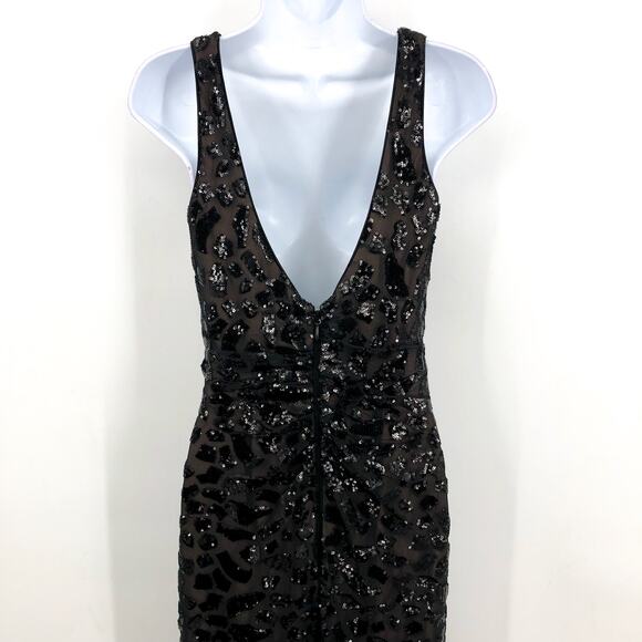 DRESS THE POPULATION Sequin Ruffle Slit Maxi Dress Small Black Leopard NWOT - Picture 5 of 7